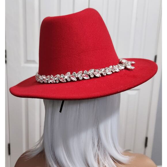 Fedora Hat Red & Black with Rhinestone Feathered Band Brand New - Picture 5 of 5